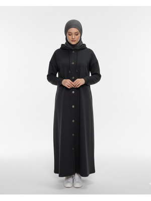 Plistre 2274_ Antrasit Gri Kapüşonlu Çıtçıtlı İplik Uzun Kap – Oversize Cepli Mevsimlik Dış Giyim