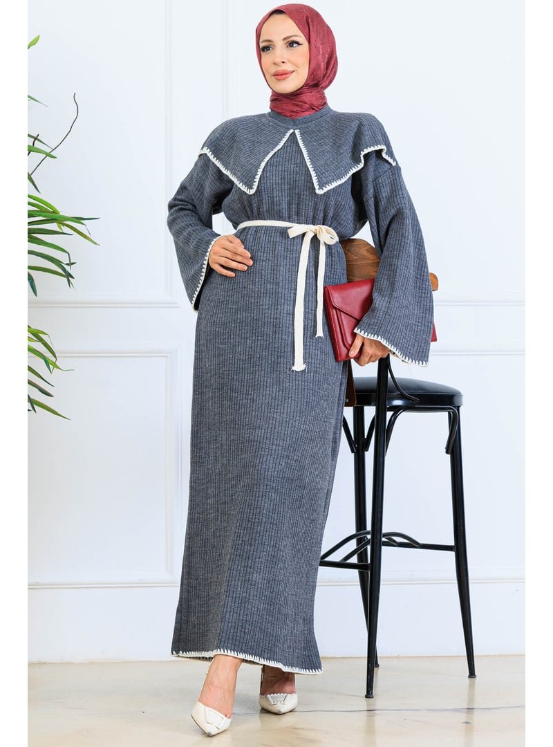 Benguen Antrasit Yaka Detaylı Triko Elbise Benguen Antrasit Yaka Detaylı Triko Elbise