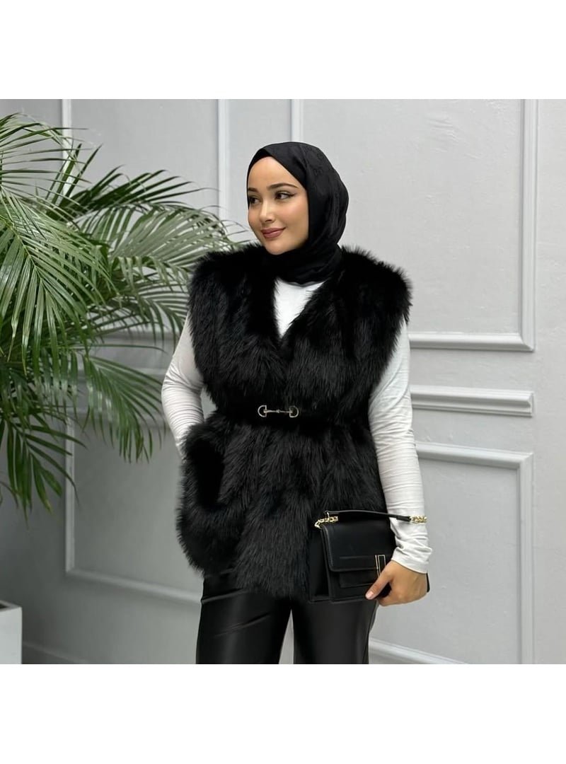 Harmatime butik Astarlı Kemerli Rahat Kalıp Kürk Siyah Yelek