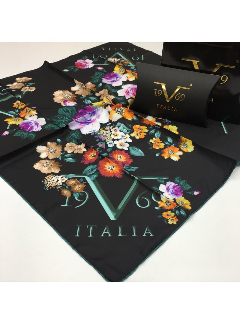 19v69 ITALIA Antrasit Logolu Çiçekli Desen Black Seri Twill Eşarp Askısı İle Birlikte 90x90 Cm Siyah Gold