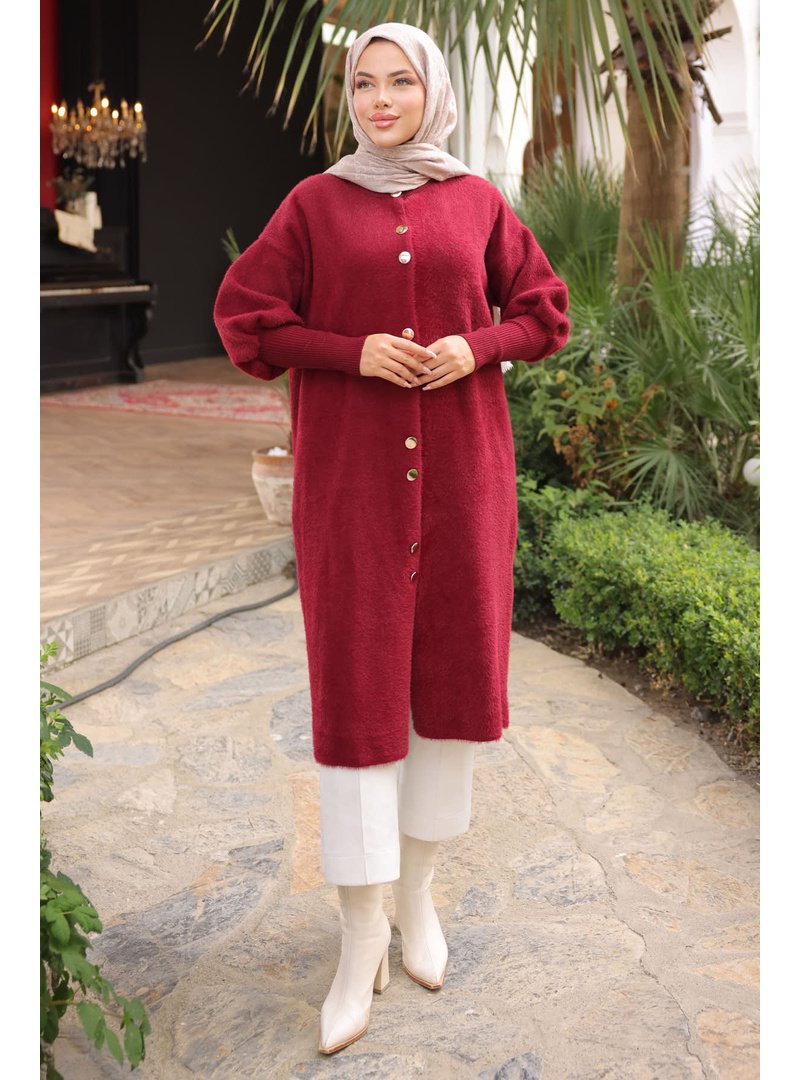 İmaj Butik Bordo Hakim Yaka Angora Yumoş Kaban Hırka