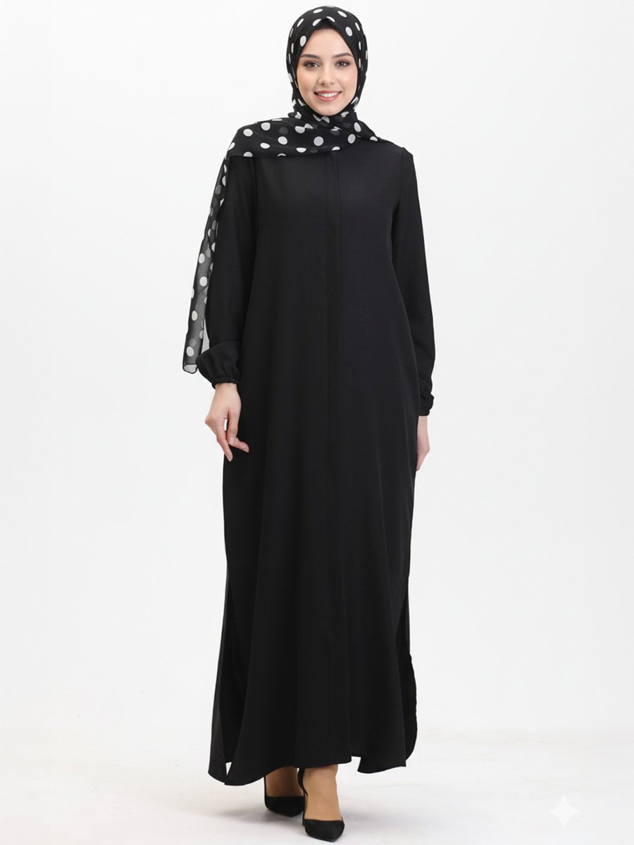 Feraces Siyah Keten Görünümlü Ferace Kollar Kolu Lastikli Yırtmaçlı Fermuarlı