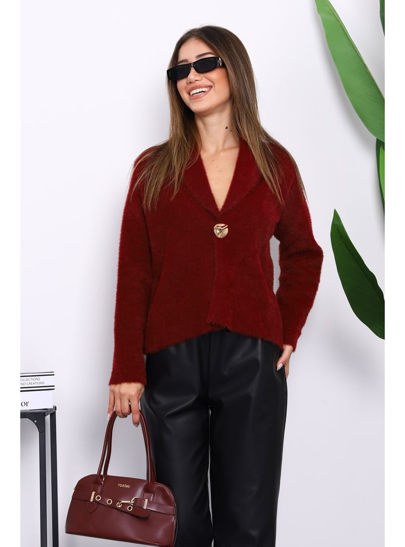 İmaj Butik Bordo Tek Düğmeli Angora Yumoş Hırka
