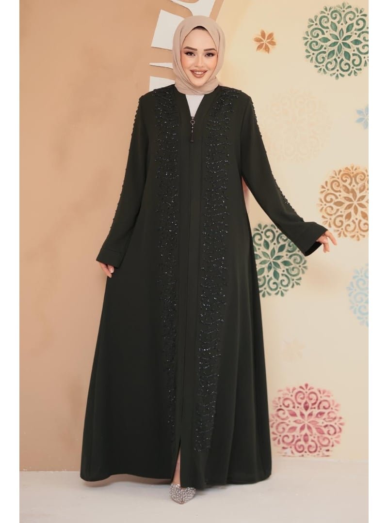 Neva Style Boncuk İşlemeli Haki Ferace 29127hk