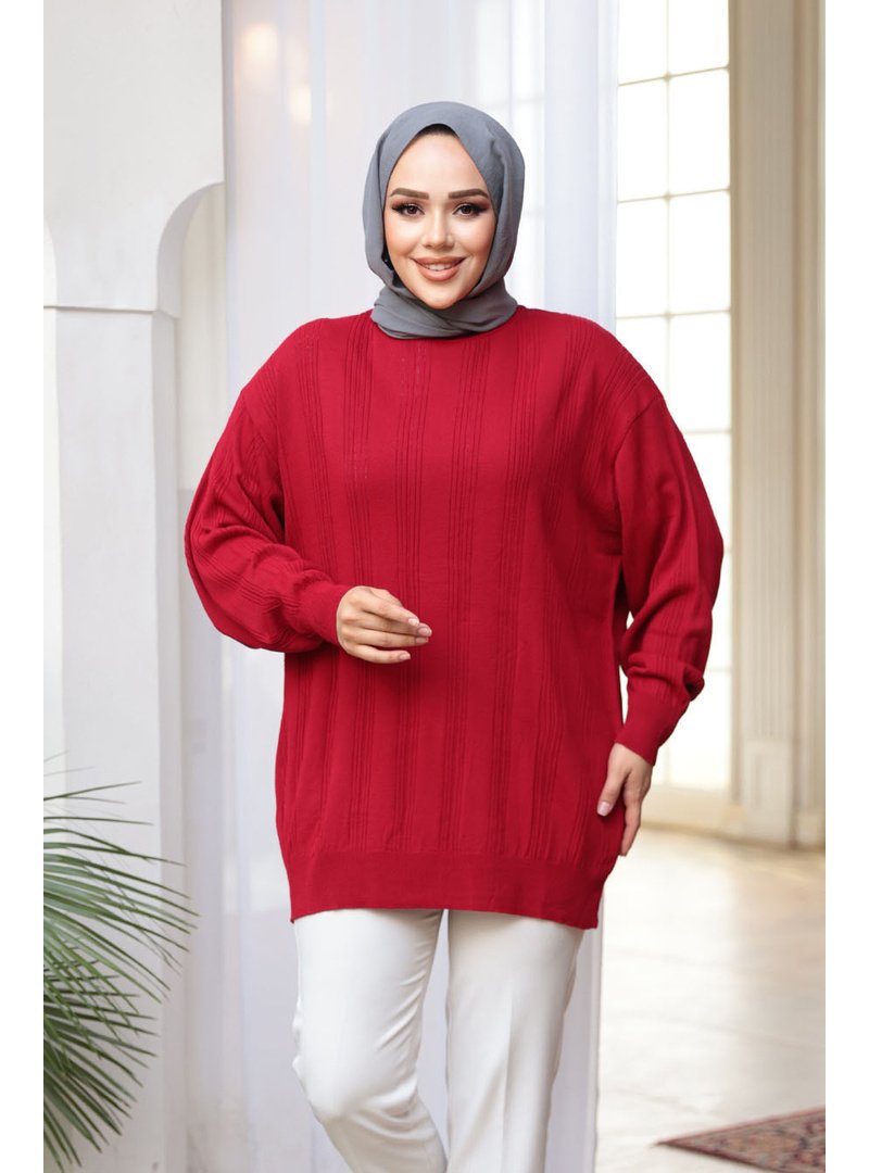 Neva Style Çizgi Detaylı Kırmızı Triko Kazak Tunik 30661k Neva Style Çizgi Detaylı Kırmızı Triko Kazak Tunik 30661k