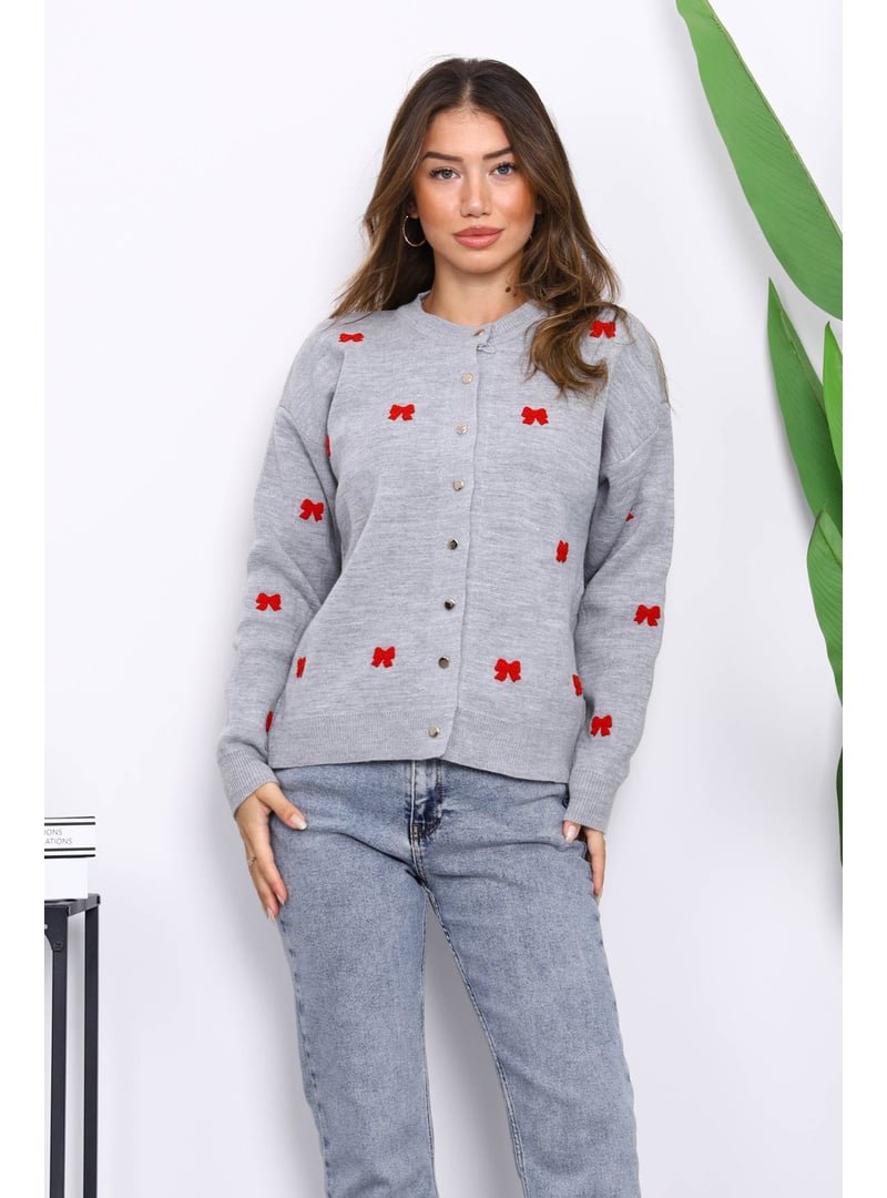 İmaj Butik Gri Fiyonk Nakışlı Triko Hırka