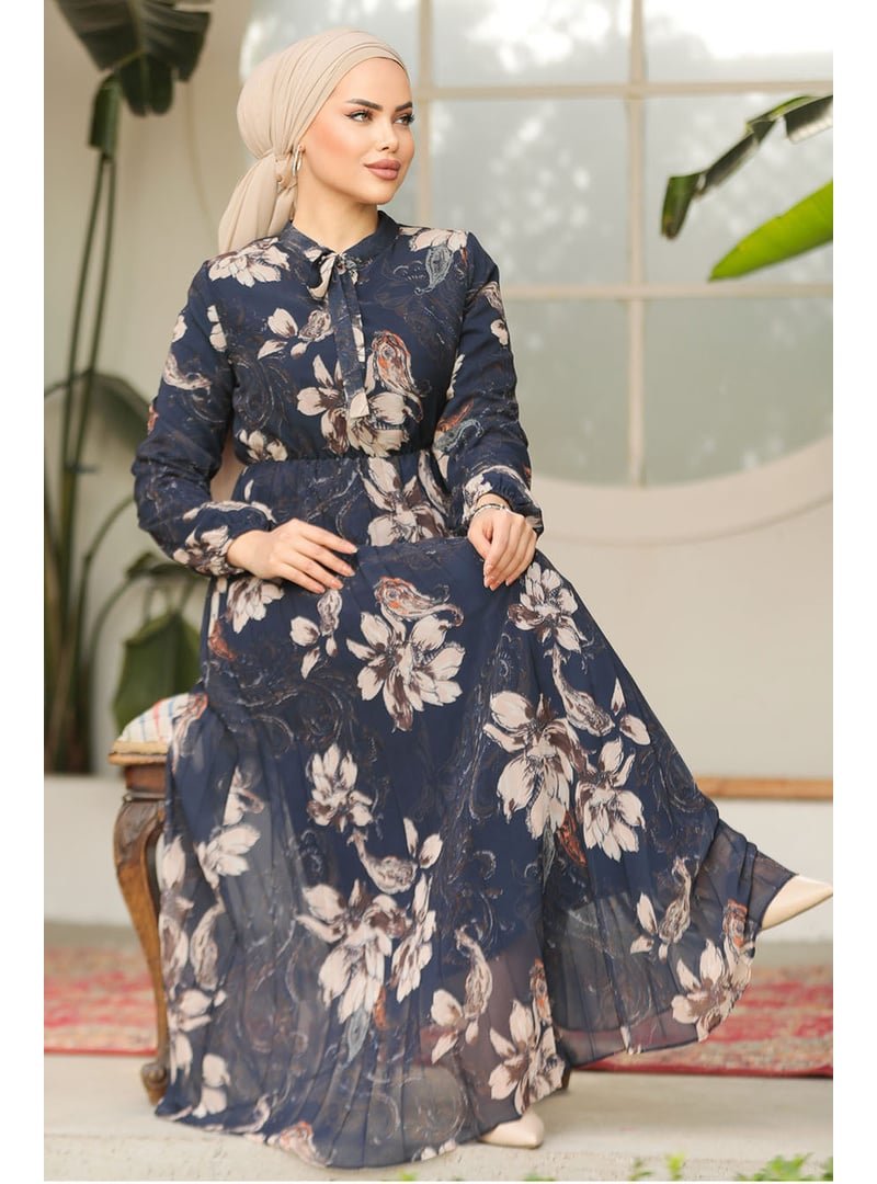 Neva Style Çiçek Desenli Lacivert Elbise 50355l Neva Style Çiçek Desenli Lacivert Elbise 50355l
