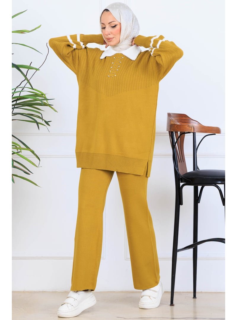 Benguen Yağ Yeşili Taş İşlemeli Triko Takım