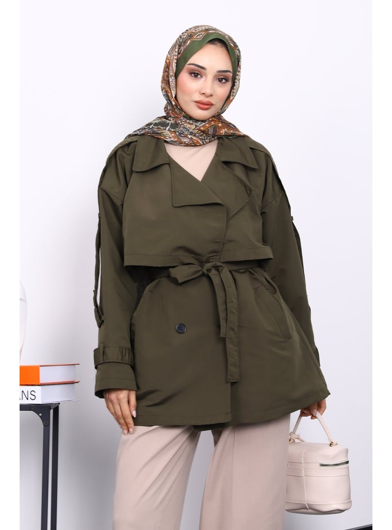 İmaj Butik Haki Kruvaze Yaka Astarlı Kısa Trençkot