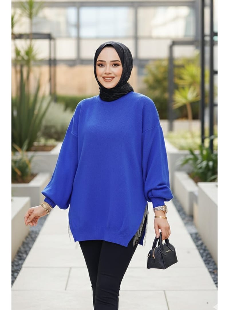 Neva Style Zincir Detaylı Sax Mavisi Kazak Tunik 17202sx