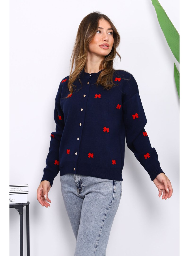 İmaj Butik Lacivert Fiyonk Nakışlı Triko Hırka