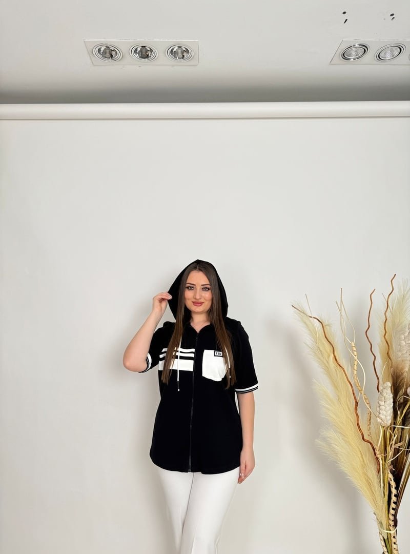 De White`s Siyah Büyük Beden Kapüşonlu Kısa Kollu Gömlek