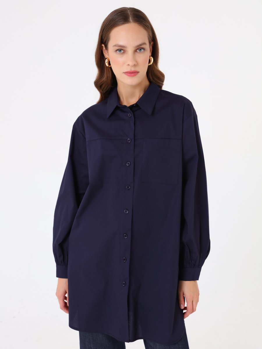 Benin Lacivert Poplin Kumaş Cep Detaylı Uzun Basic Bluz / Gömlek Benin Lacivert Poplin Kumaş Cep Detaylı Uzun Basic Bluz / Gömlek