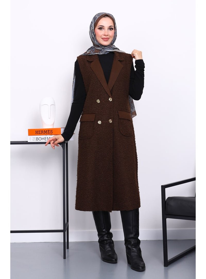 İmaj Butik Kahverengi Düğmeli Uzun Buklet Yelek İmaj Butik Kahverengi Düğmeli Uzun Buklet Yelek