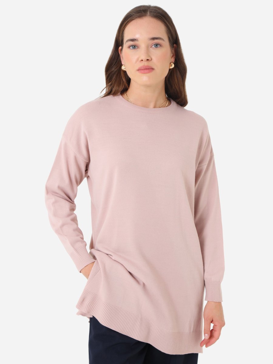 Refka Pudra Bisiklet Yaka Yırtmaçlı Triko Tunik