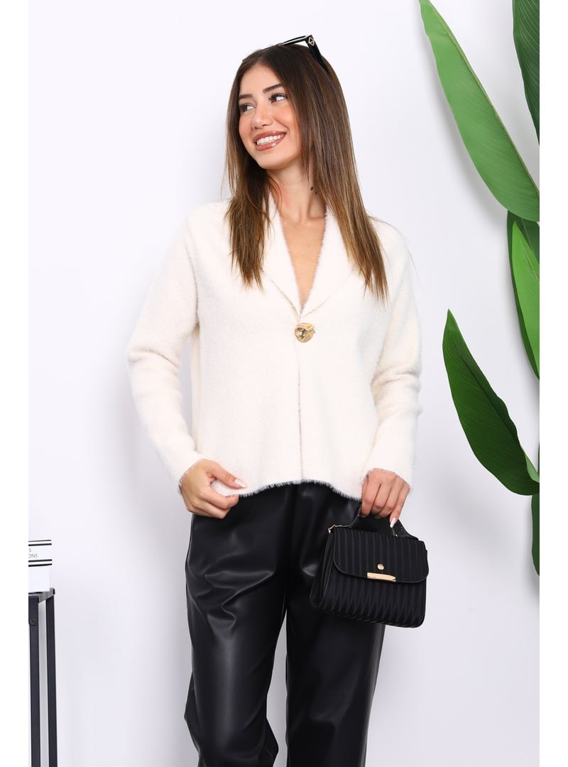 İmaj Butik Krem Tek Düğmeli Angora Yumoş Hırka