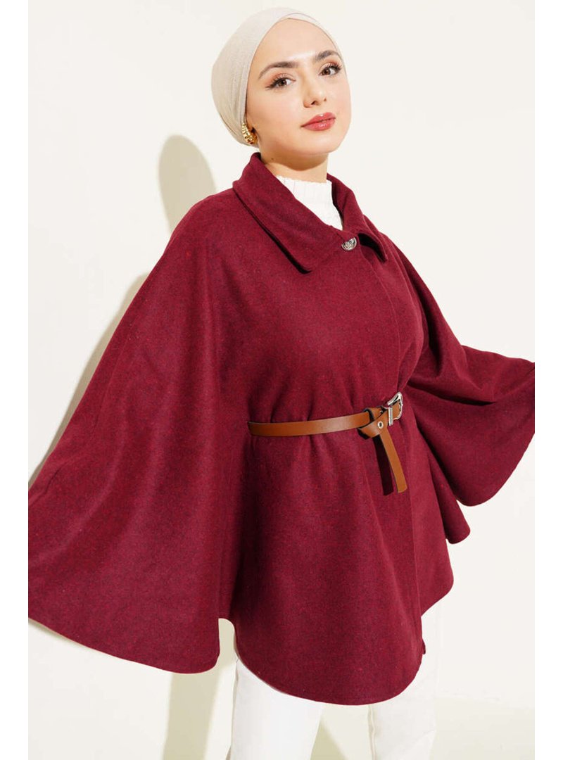 Volt Clothing Bordo Gömlek Yaka Kemerli Kaşe Panço Volt Clothing Bordo Gömlek Yaka Kemerli Kaşe Panço