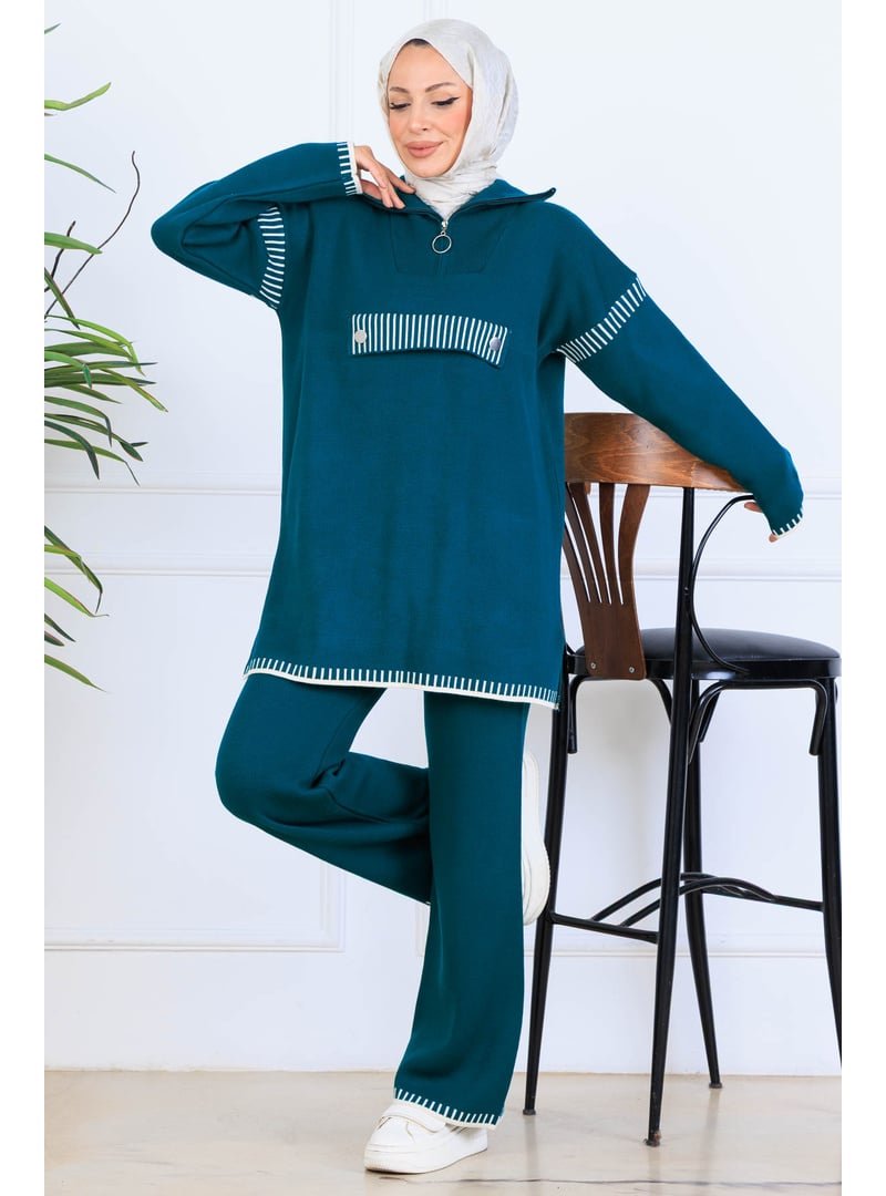 Benguen Zümrüt Yeşili Yakası Fermuarlı Triko Takım