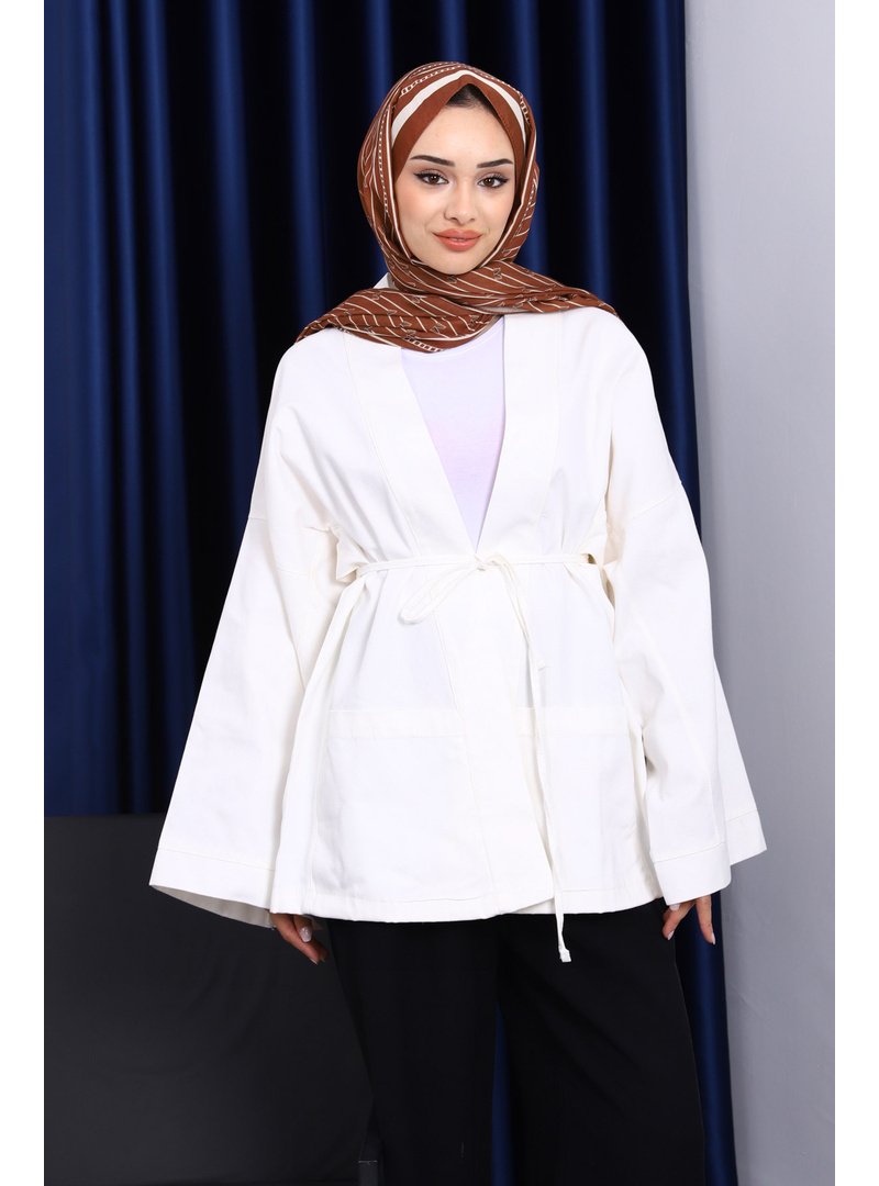 İmaj Butik Ekru Cepli İp Detaylı Kanvas Ceket