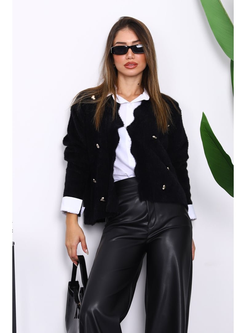 İmaj Butik Siyah Düğme Detaylı Angora Yumoş Triko Hırka