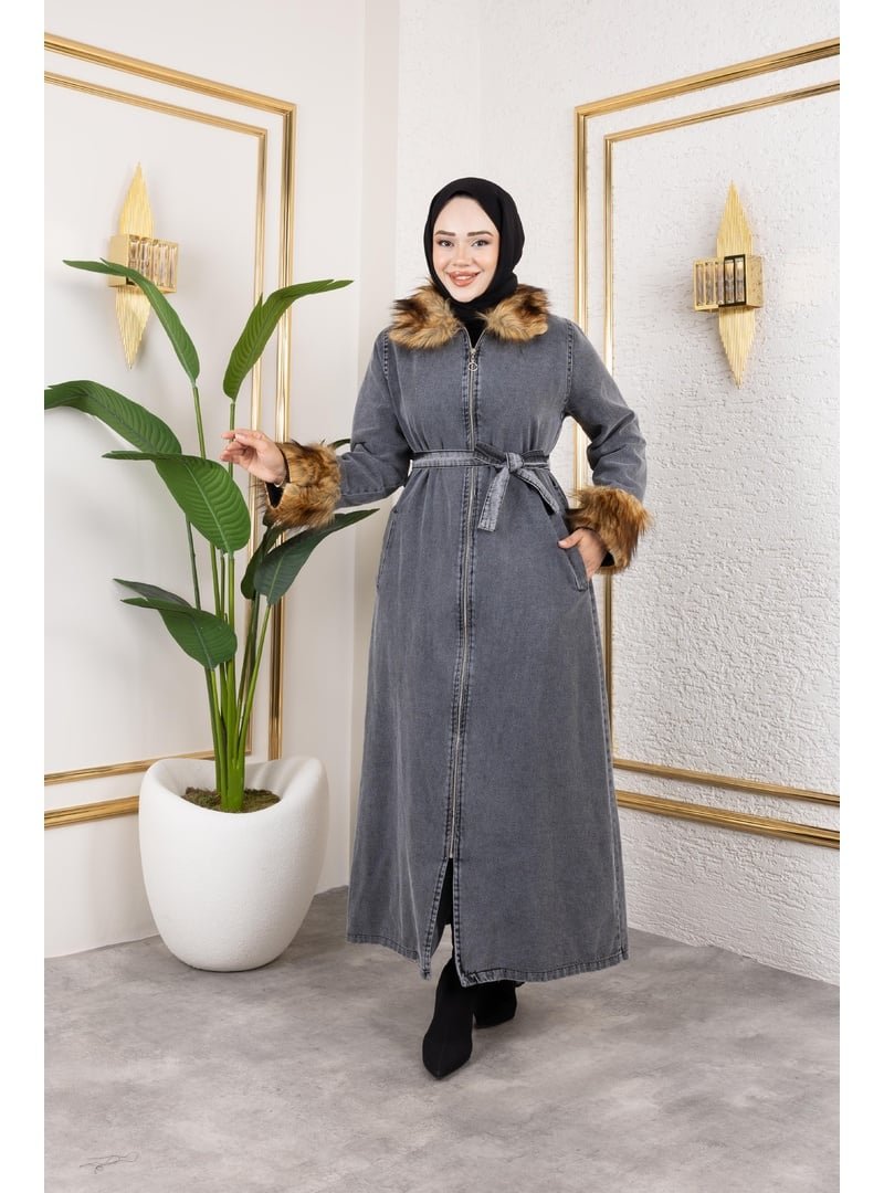 Harmatime butik Kürk Detaylı Kuşaklı Astarlı Siyah Kap