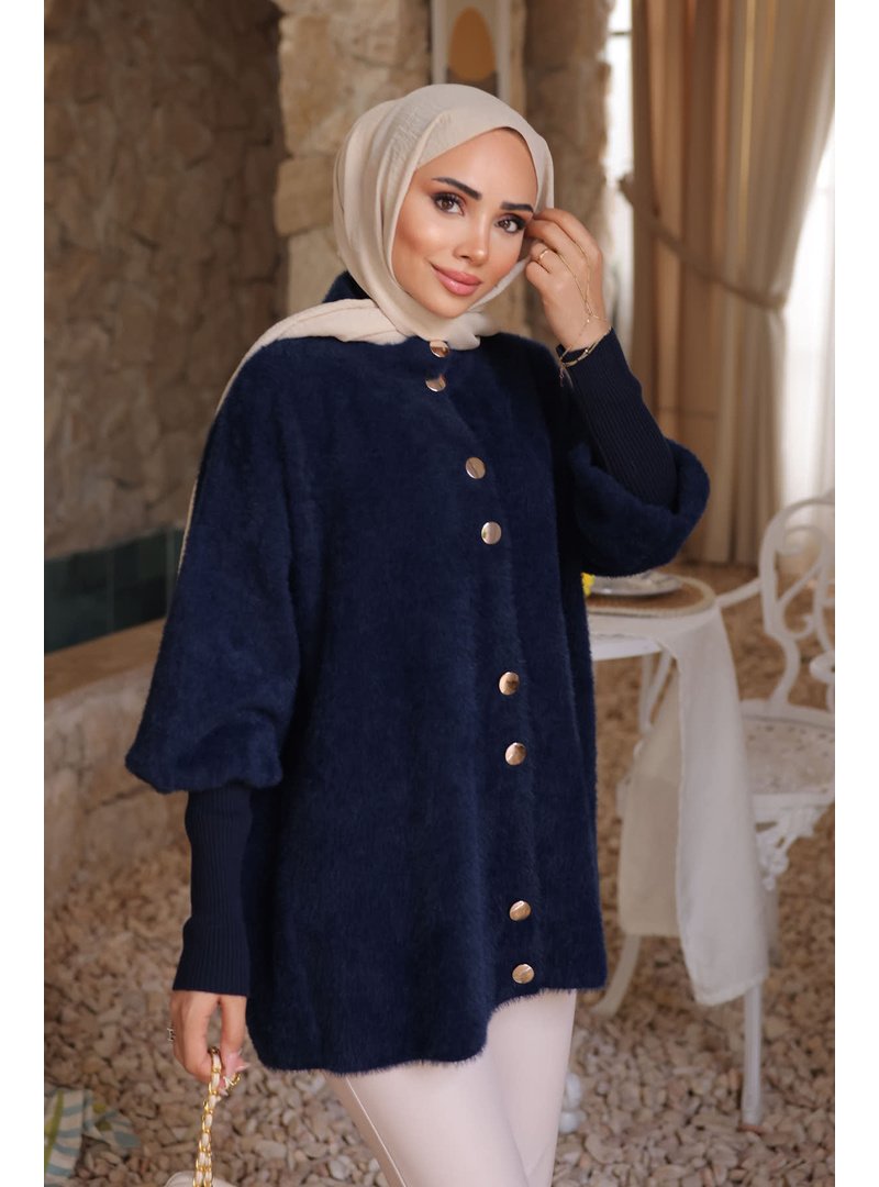 İmaj Butik Lacivert Dik Yaka Angora Yumoş Hırka