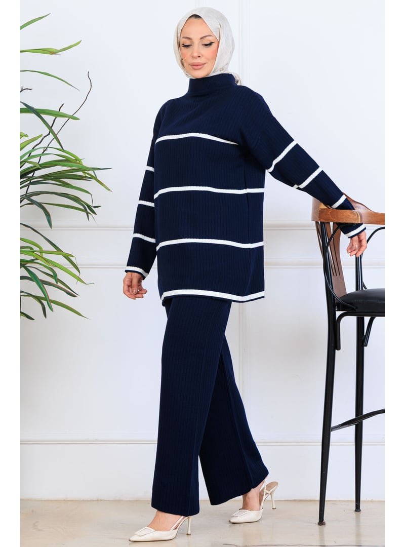 Benguen Lacivert Fitilli Çizgili Triko Takım