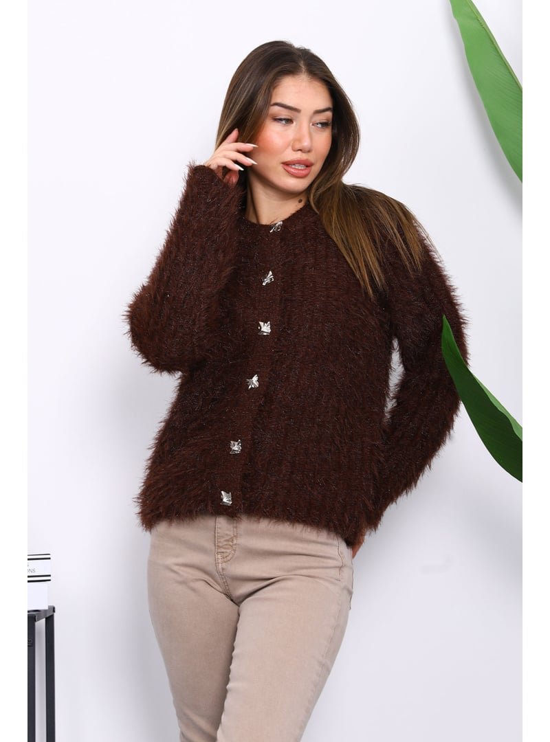 İmaj Butik Kahverengi Düğmeli Simli Angora Yumoş Triko Hırka