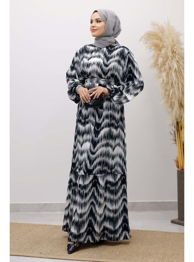 Tesettür Dünyası Siyah Eteği Volanlı Sulu Boya Desenli Viskon Elbise Tesettür Dünyası Siyah Eteği Volanlı Sulu Boya Desenli Viskon Elbise