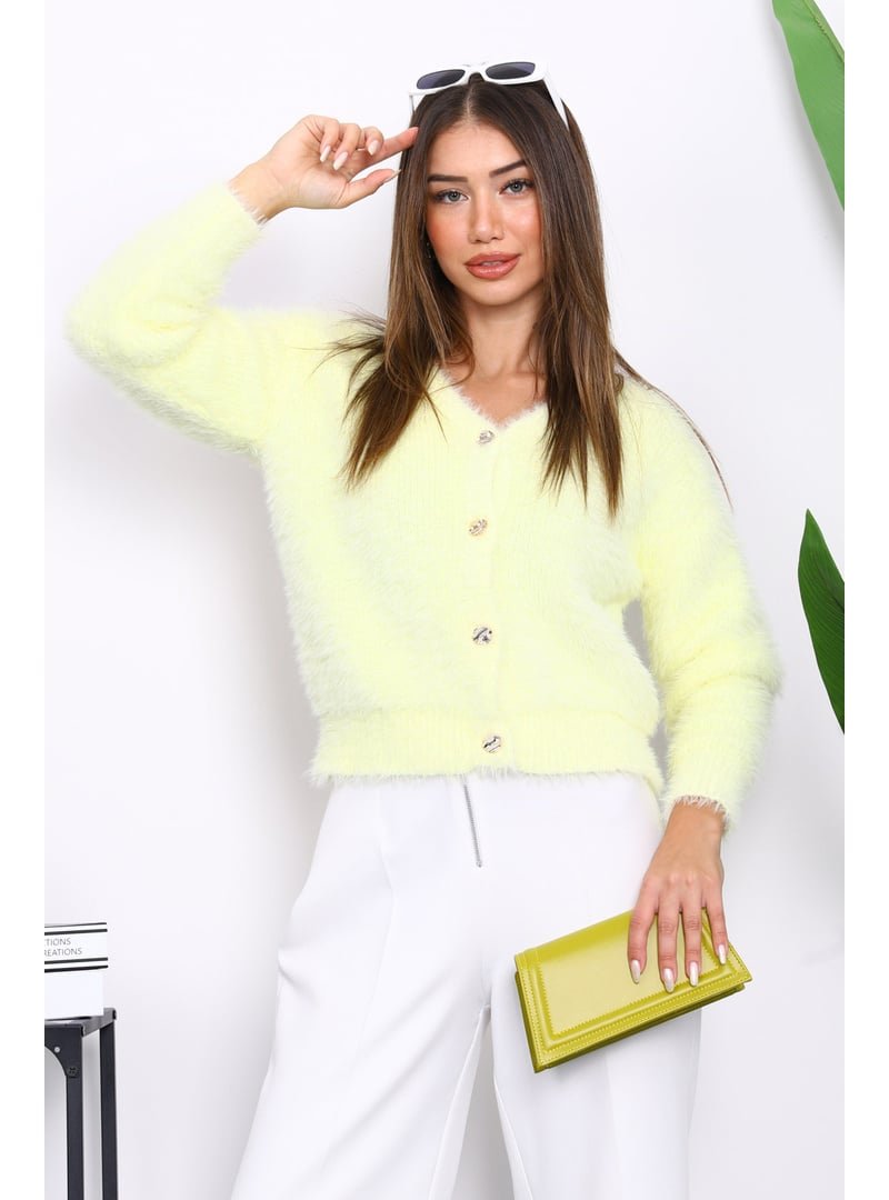 İmaj Butik Sarı Düğmeli Kısa Angora Yumoş Triko Hırka