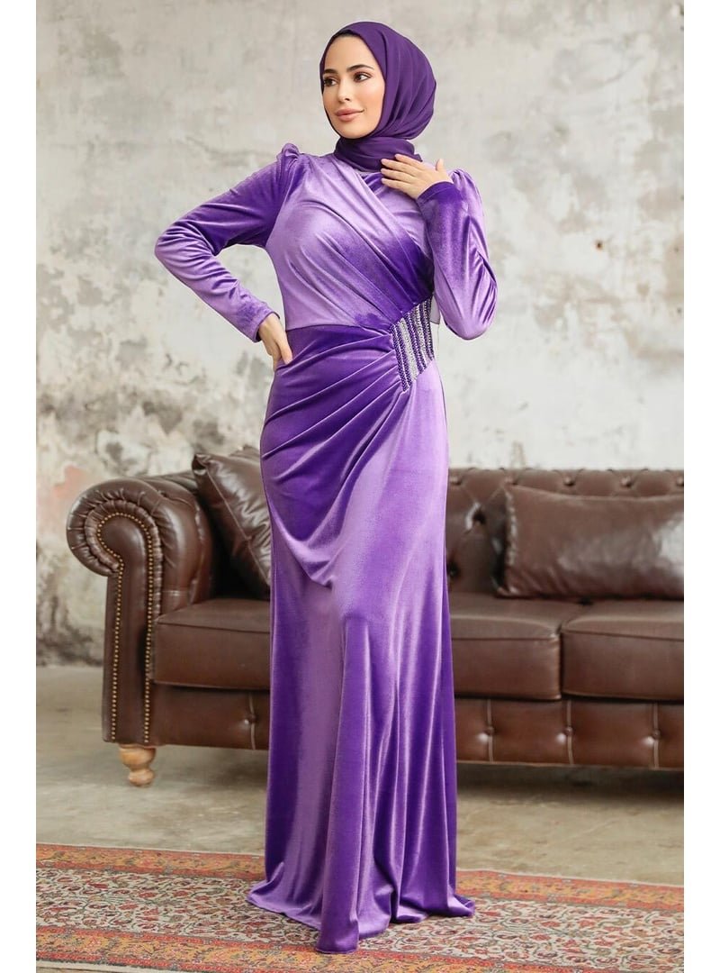 Neva Style Drape Detaylı Koyu Lila Kadife Elbise 36891klıla Neva Style Drape Detaylı Koyu Lila Kadife Elbise 36891klıla