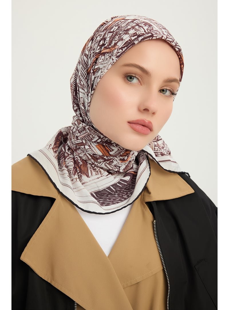 ŞALESS 90x90 Cm Yankılar Şehri Kahverengi Vierra Desenli Viskon Eşarp