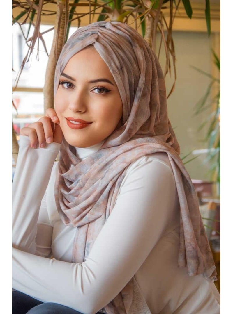 AİŞE TESETTÜR Ebruli Kelebek Model Büzgülü Bone Şal