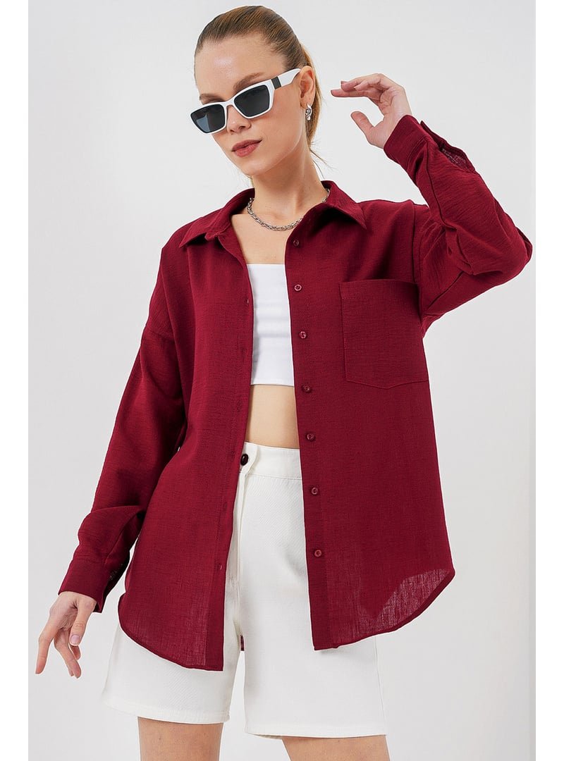 Bigdart Bordo Tek Cepli Oversize Keten Gömlek Bigdart Bordo Tek Cepli Oversize Keten Gömlek