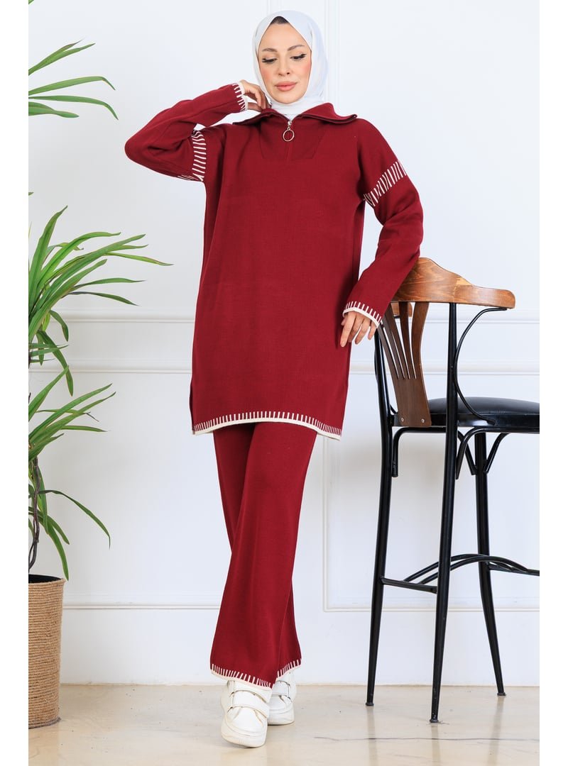Benguen Bordo Yakası Fermuarlı Şerit Detay Triko Takım