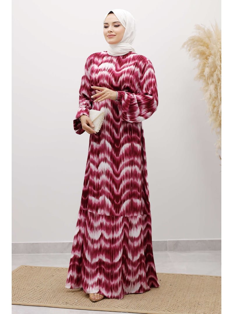 Tesettür Dünyası Fuşya Eteği Volanlı Sulu Boya Desenli Viskon Elbise Tesettür Dünyası Fuşya Eteği Volanlı Sulu Boya Desenli Viskon Elbise