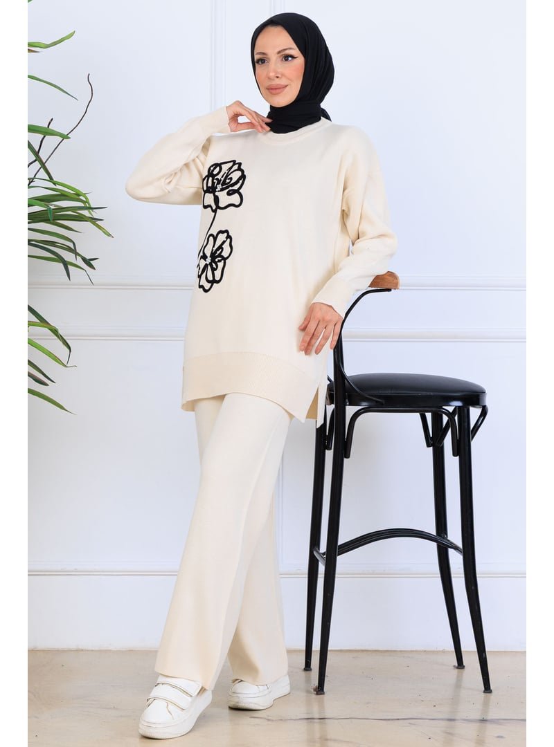 Benguen Taş Rengi Nakış İşleme Detaylı Triko Takım