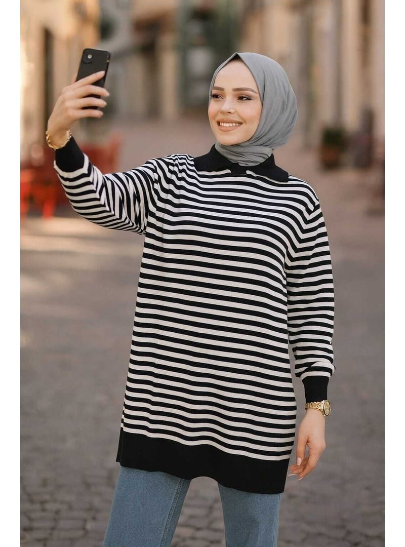 Neva Style Çizgili Ekru Triko Tunik 65904e