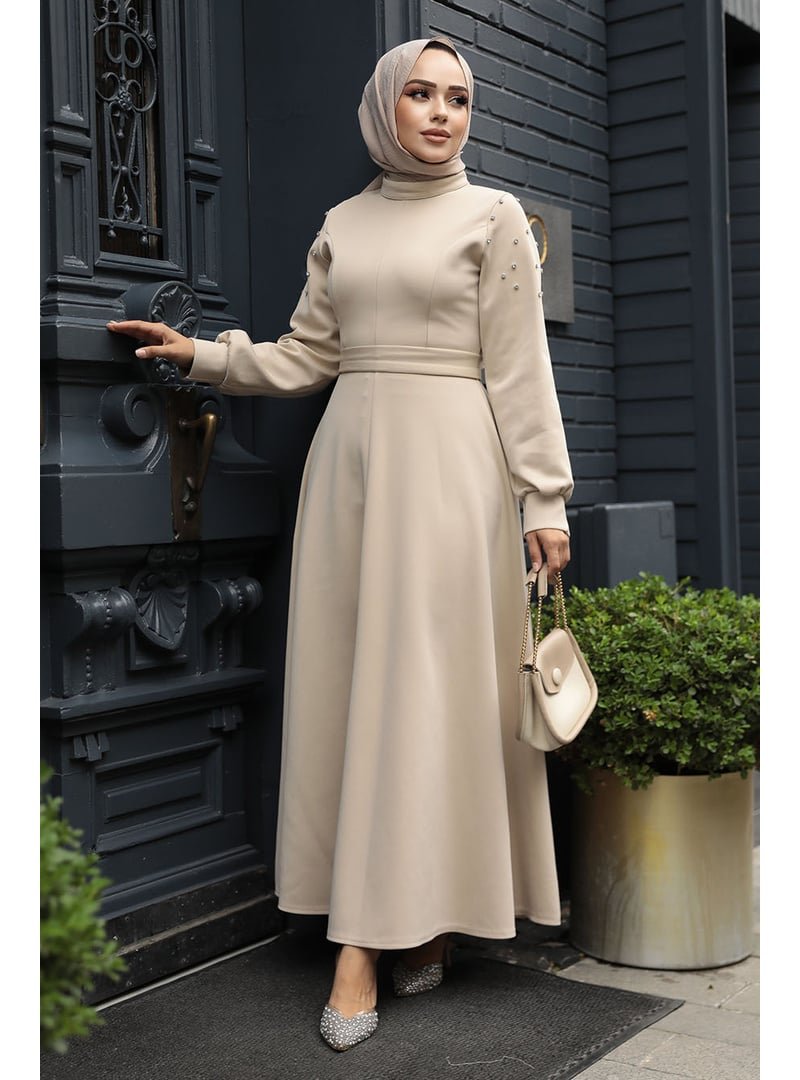 Neva Style Kolları Boncuk İşlemeli Bej Elbise 23631bej
