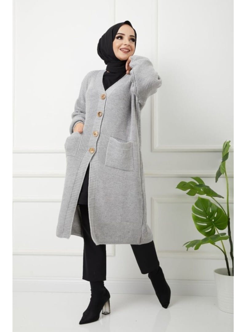 Pamuk Butik Düğmeli Cepli Siyah Triko Salaş Hırka
