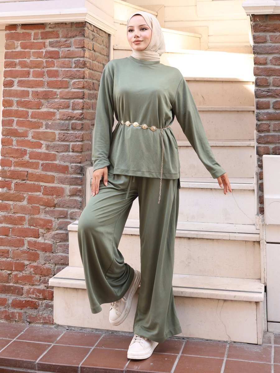 Vav Haki Yırtmaçlı Bluz Pantolontakım Vav Haki Yırtmaçlı Bluz Pantolontakım