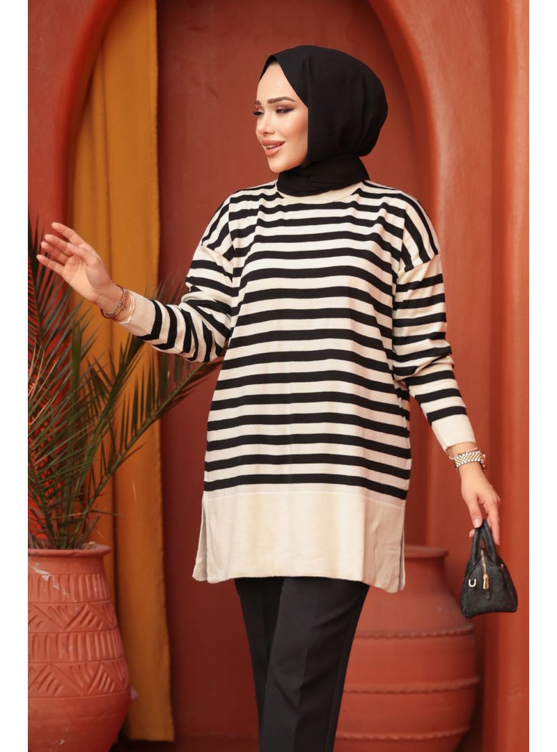 Neva Style Çizgili Siyah Triko Kazak Tunik 28121s Neva Style Çizgili Siyah Triko Kazak Tunik 28121s