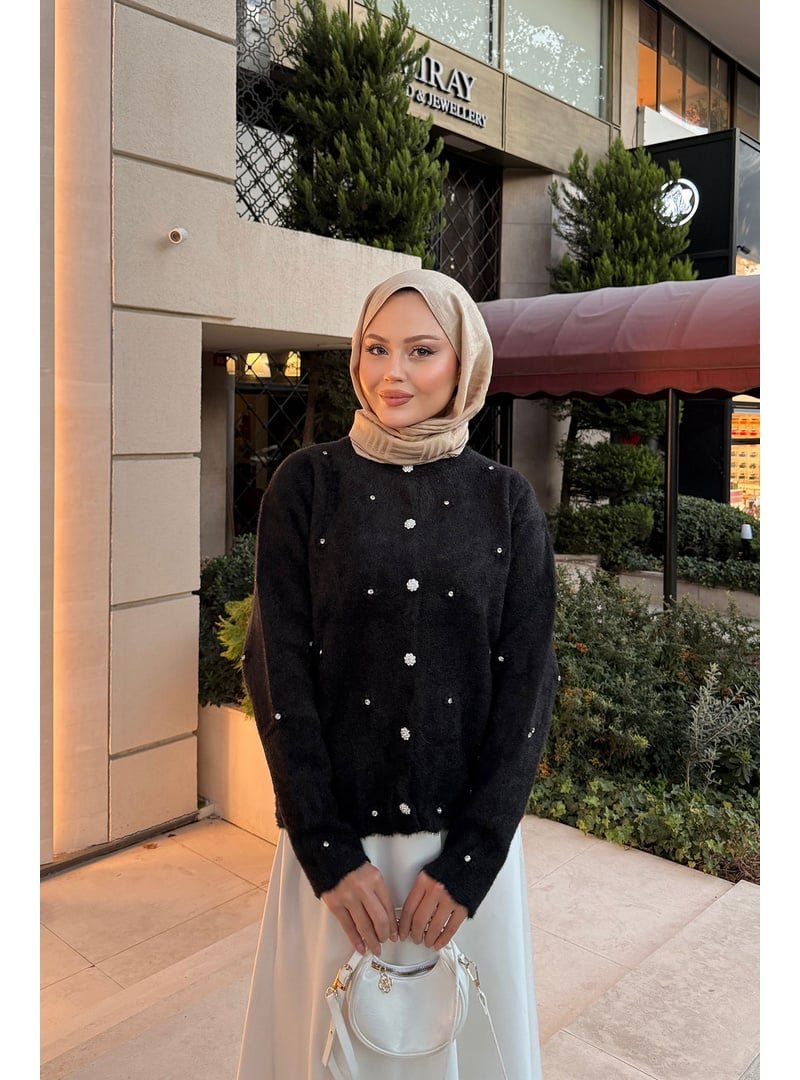 Locco Moda Siyah Taşlı Çiçek Düğmeli Hırka