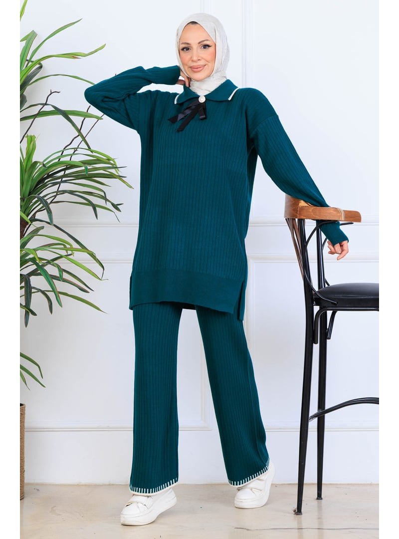 Benguen Zümrüt Yeşili Yakası Kurdele Detay Triko Takım