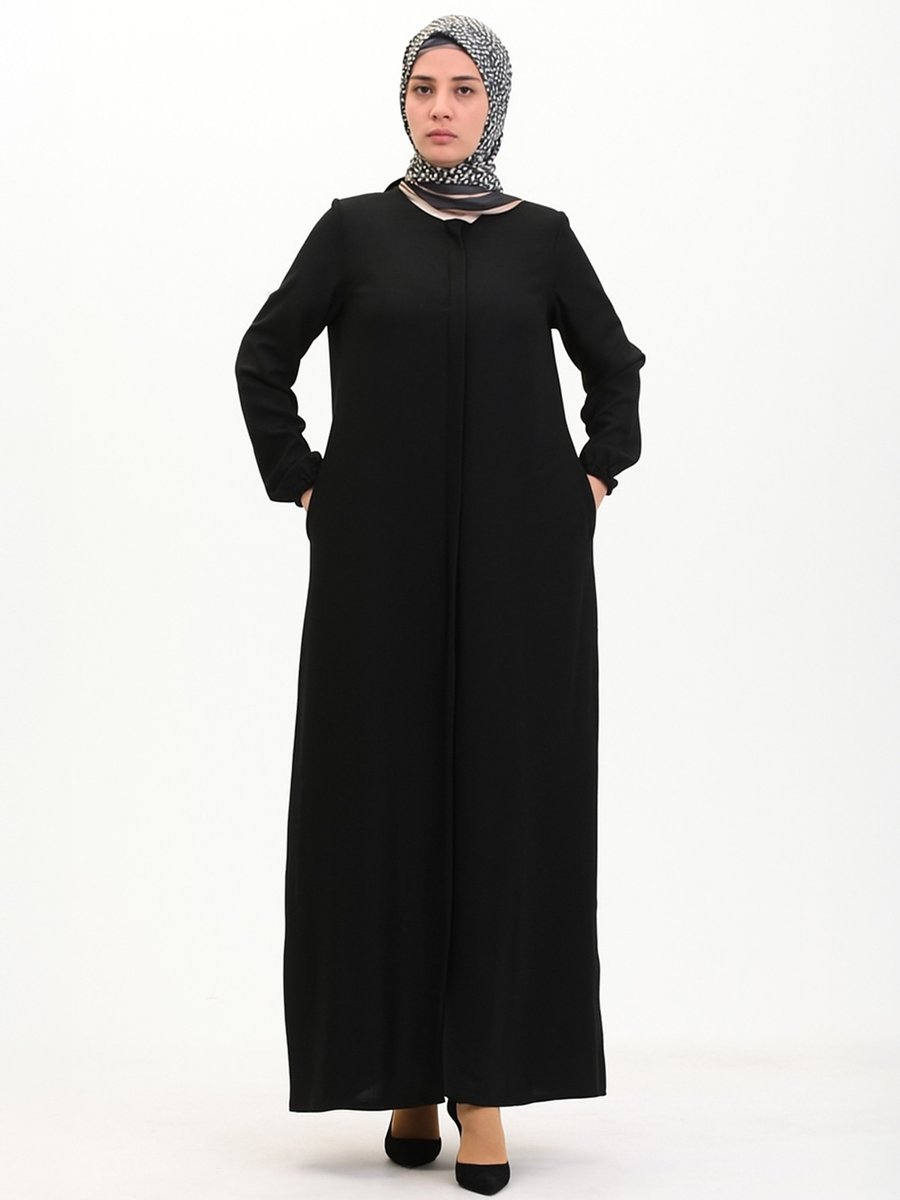 Feraces Siyah Keten Görünümlü Ferace Kollar Lastikli Cepli Ve Fermuarlı