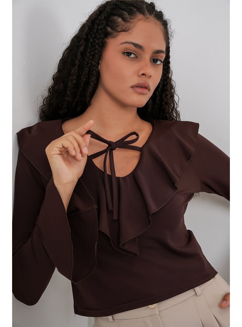 Bigdart Kahverengi Uzun Kol Crop Bluz Bigdart Kahverengi Uzun Kol Crop Bluz