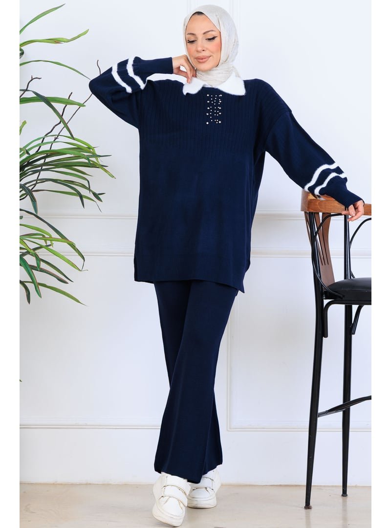 Benguen Lacivert Taş İşlemeli Triko Takım