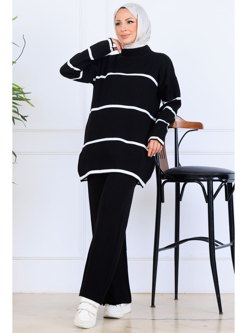 Benguen Siyah Fitilli Çizgili Triko Takım