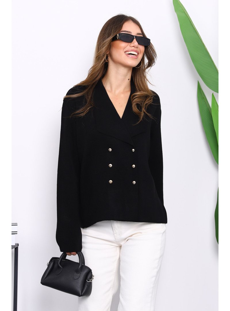 İmaj Butik Siyah Kruvaze Yaka Düğmeli Triko Hırka