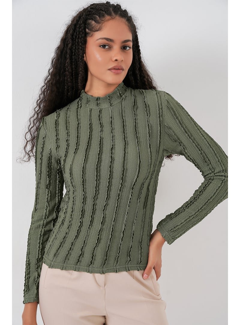 Bigdart Haki Dokulu Esnek Örme Bluz Bigdart Haki Dokulu Esnek Örme Bluz
